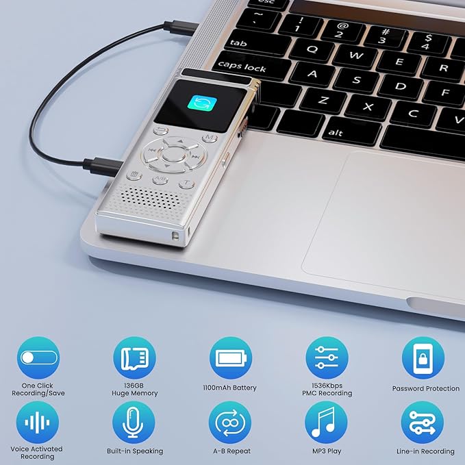 136GB Digital Voice Recorder with Playback,9000 Hours Audio Recording Device,Voice Activated Recorder with Noise Reduction,A-B Repeat,Mp3 Player&Password for Lectures/Meeting/Classes/Interviews,Silver