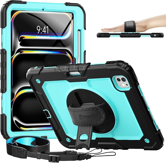 timecity Case for iPad Pro 11 Inch M5 2025 / M4 2024, 360° Rotating Stand, Pencil Holder & Wireless Charging, Shockproof with Screen Protector & Shoulder Strap -for Designers & Professionals,Blue