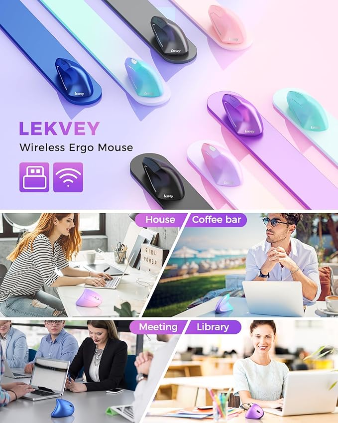 Lekvey Ergonomic Mouse, Wireless Vertical Mouse Rechargeable 2.4 GHz Optical Carpal Tunnel Mice : 800/1200 / 1600 DPI, 6 Buttons, for Laptop, PC, Mac, Computer, Desktop, Notebook etc, Purple