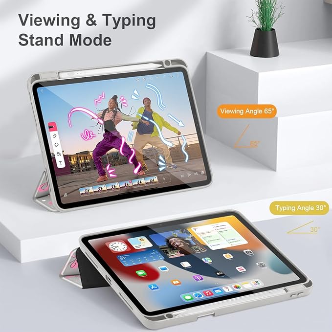May Chen for iPad Pro 13 Inch Case M5 2025 / M4 2024, Built Pencil Holder & Clear Transparent Print Back Shell Slim Stand Shockproof Tablet Cover, Auto Wake/Sleep, Khaki Bows