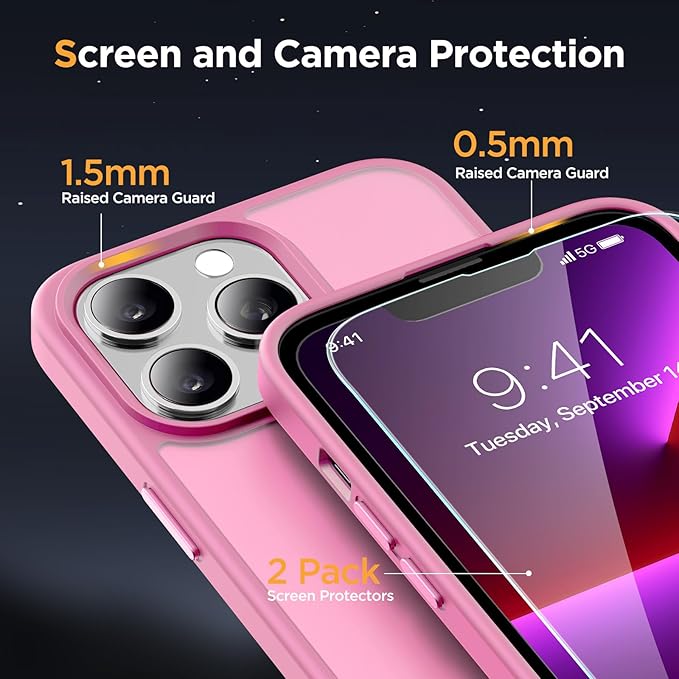 Miracase Magnetic for iPhone 13 Pro Case 6.1 inch (Compatible with MagSafe)（with 2X Screen Protectors） Military-Grade Protection, Anti-Fingerprint Translucent Matte Phone Case Cover, Mes Pink