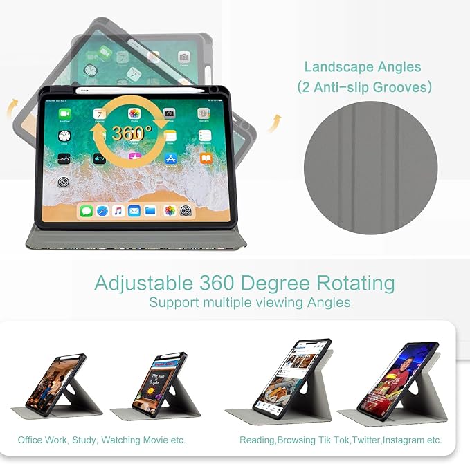for iPad Air M4/M3/M2 11 Inch Case 2026/2025/2024, for iPad Air 5Th/4Th Gen Cases for iPad Pro 11 Inch Case 4th/3rd/2nd/1st Generation, 360 Degree Rotating Pencil Holder, Slim, Black Flowers
