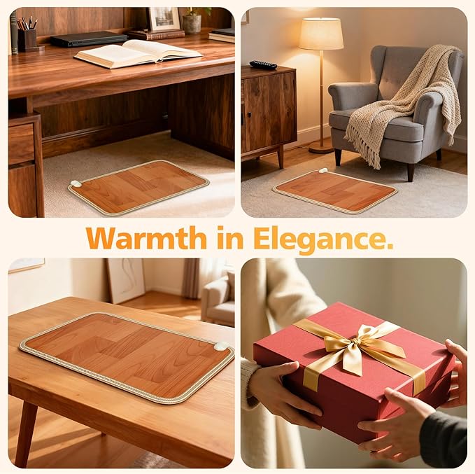 Heated Floor Mat, Foot Warmer Under Desk with 12 Adjustable Temperature & 12H Timer, 20"x12" Electric Heating Pad for Office Home, Safe with Shoes On, Brown Wood Grain, Feet Rest for Desk