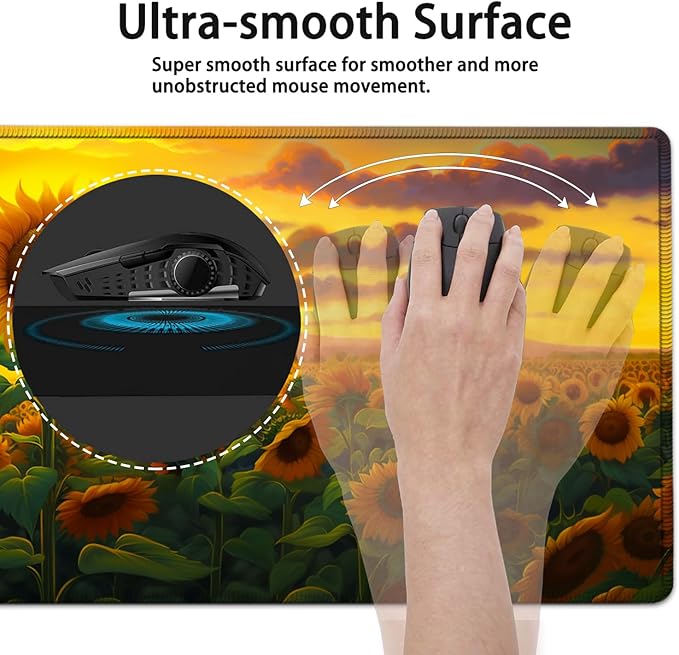 Large Mouse Pad, 31.5 x 11.8in Extended Gaming Mouse Pad with Stitched Edges, XXL Mousepad Protector Non Slip Rubber Base for Office and Home Writing Mat, Sunflower Field Pattern Desk Mat