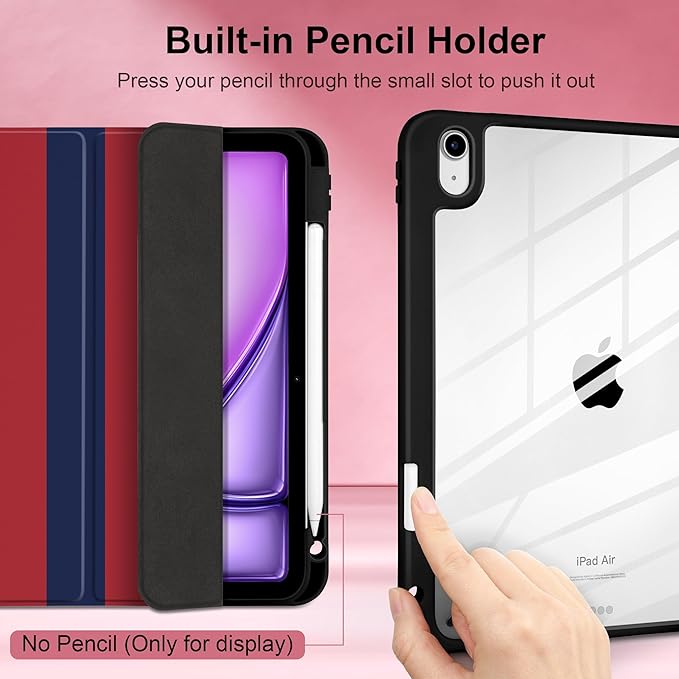 Case for iPad Air 11 inch M4 2026 M3 2025 M2 2024 Release with Pencil Holder Clear Back Shell Lightweight Shockproof TPU Edge Trifold Stand Auto Wake Sleep Cute Cover, Red Navy Stripes