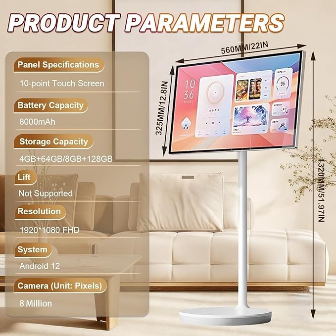21.5/24/27/32 in Smart Touchscreen Monitor 1080p Portable Android 12/13 TV Swivel Rolling Stand Mobile On Wheels Display(32IN,8+128gb(4k))
