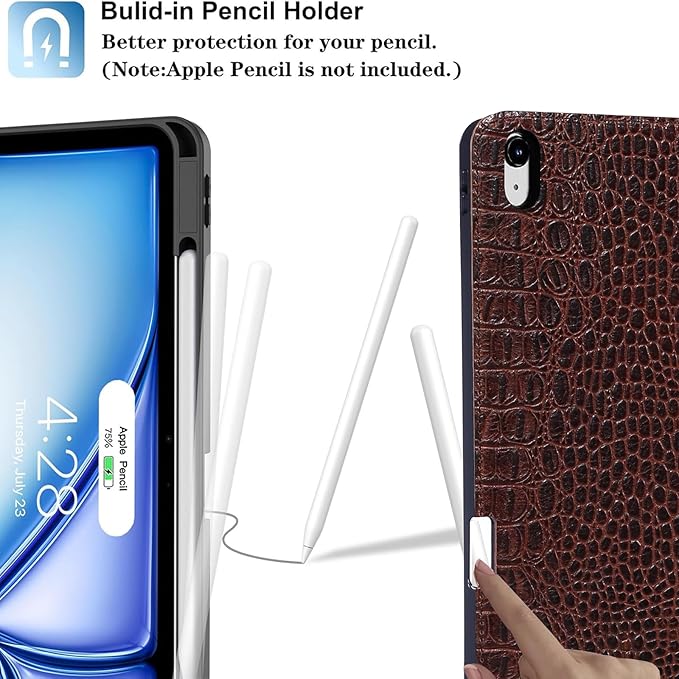 Gexmil Genuine Leather Case for iPad Pro 11 Inch 4/3/2/1st Gen 2022/2021/2020/2018,Smart Folio with Pencil Holder,Protective Shockproof Real Leather Cover,Auto Sleep/Wake,Brown Crocodile