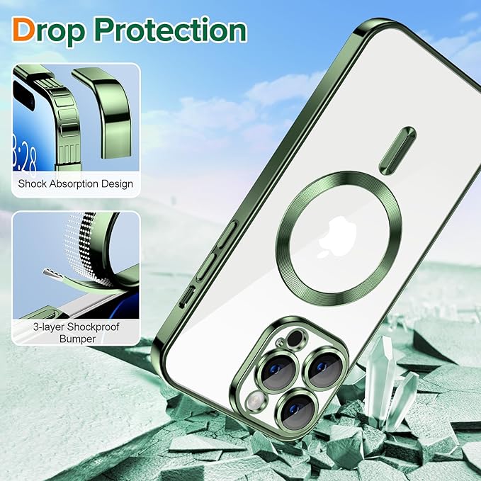 Hython Magnetic Clear for iPhone 14 Pro Max Case with Camera Lens Protector [Compatible with MagSafe] Plating Edge Slim Soft TPU Cover Protective Phone Case for iPhone 14 Pro Max 6.7", Deep Green