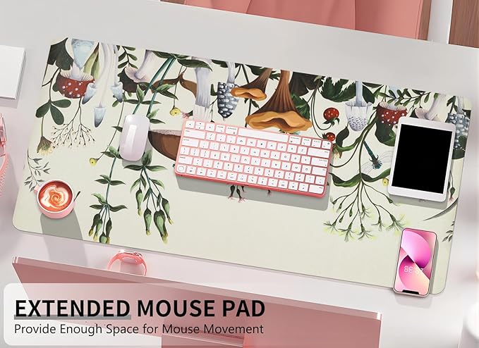 Bloss Mushroom Desks Pad, Clearance Overstock Limited Stock Discontinued Size 31.5" x 15.7" Large Leather Mouse Pad for Desktop, Desk Mat for Keyboard and Mouse,Waterproof Computer Laptop Desk Mat