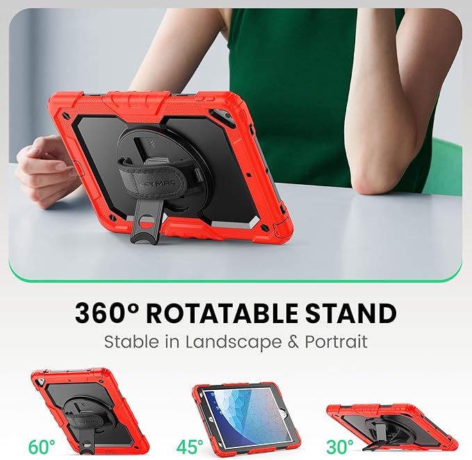 SEYMAC for iPad Air 3/ Pro 10.5 inch Case, Heavy Duty Full-Body Shockproof Protective Case with Screen Protector, 360° Rotating Stand, Hand/Shoulder Strap for iPad Air 3rd Gen, Red