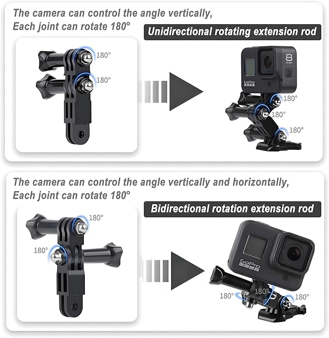 3-Way Adjustable Extension Pivot Arm Adapter Kit for GoPro Hero 11, 10, 9, 8, 7, 6, 5, 4, 3+, Insta360 and DJI OSMO, Same Direction and Vertical Direction, Long Thumb Screws