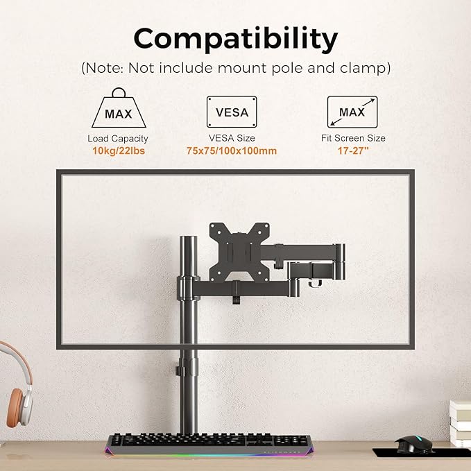 suptek Single Monitor Arm, Universal 3 Tier Arm Fully Adjustable Pole Mount Bracket Monitor Mounting for 13 to 27 inch Screen, Weight up to 22lbs, Mounting Holes 75x75mm to 100x100mm,Black