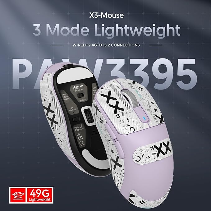 ATTACK SHARK X3 Wireless Gaming Mouse, 49g Bluetooth/2.4G/USB-C Ergonomic Computer Mouse, PAW3395 26K DPI Sensor, 200h Battery Life, Programmable Buttons, Gaming Accessories for PC/Laptop/Mac