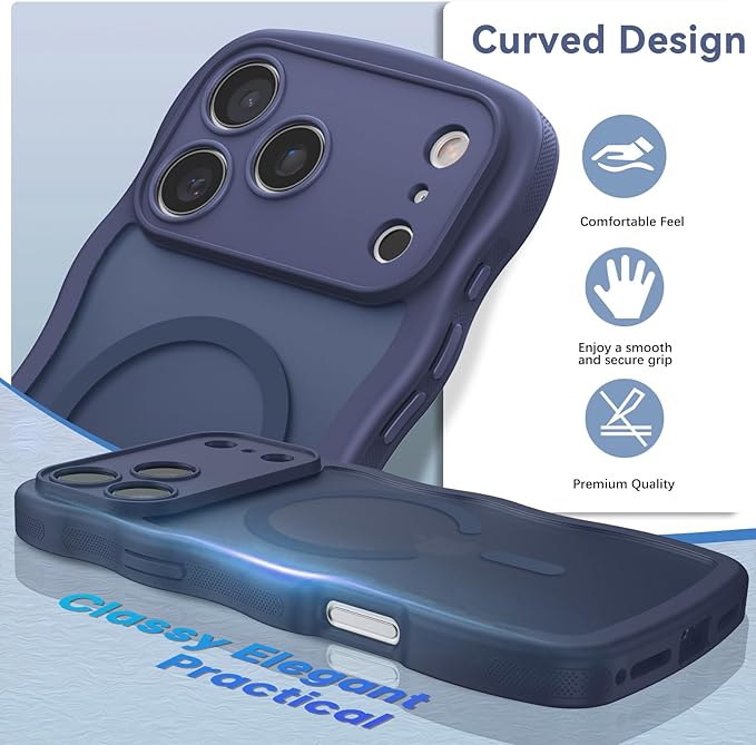 BENTOBEN Magnetic for iPhone 17 Pro Case, Cute Wavy Full Camera Protection [Compatible with MagSafe] Matte Anti-Slip Bumper Women Girls Boys Protective Cover for 17 Pro 6.3", Deep Blue