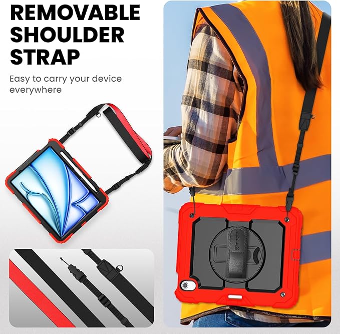 timecity Case for iPad Air 11 Inch M4 / M3 / M2 (2026/2025/ 2024), 360° Rotating Stand, Pencil Holder & Wireless Charging, Shockproof with Screen Protector & Shoulder Strap - for Designers, Red