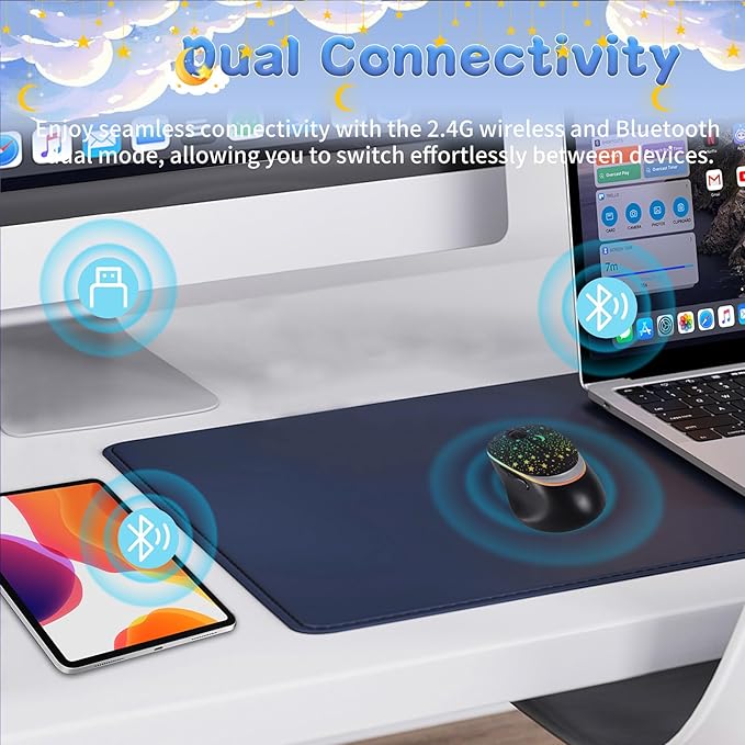 elec Space Bluetooth Wireless Mouse with Starry Sky RGB Backlight& Gradient Breathing Light - Ergonomic Dual Mode Rechargeable Mouse, Type-C Charging - Perfect for Office, Gaming & Travel (Balck)