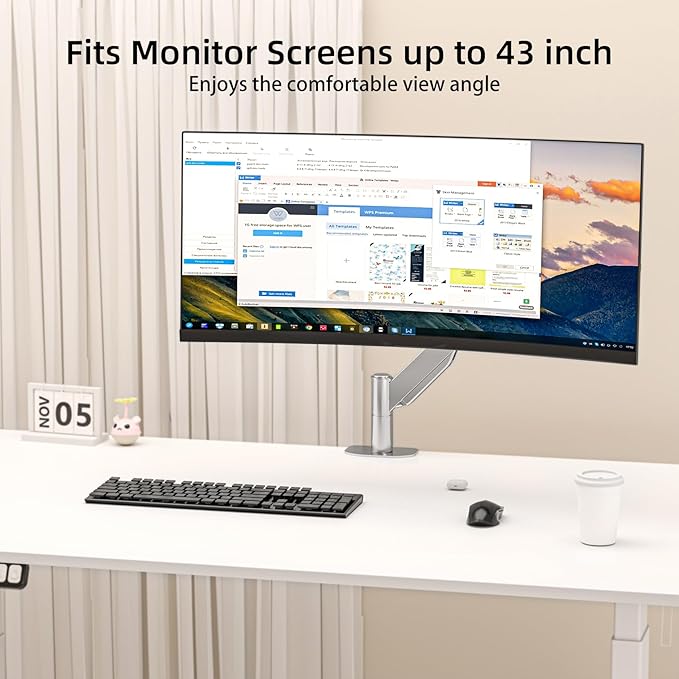 Suptek Ultrawide Monitor Arm Mount for 17 to 43 Inch Heavy Duty Curved Screen,Holds 28.6 lbs,Adjustable Gas Spring Monitor Arm Desk Mount Stand,75/100 Vesa Mount,Silver(MD71MS)