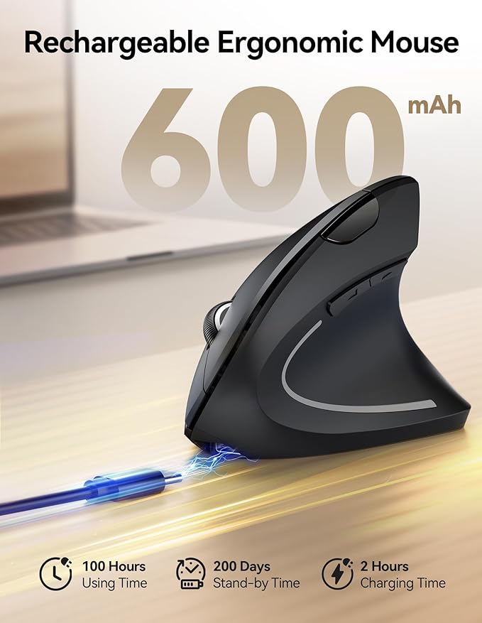 TECKNET Rechargeable Wireless Ergonomic Mouse,2.4GHz USB Vertical Mouse with Silent Click,4800 DPI Mouse with 6 Adjustable DPI,6-Button Computer Mouse for Laptop,PC, MacBook (No Batteries Needed)