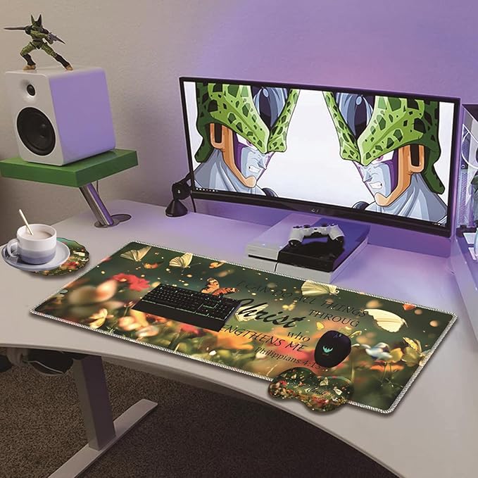 Extended Non-Slip Mouse Pad + Mouse Wrist Rest + Lace-Shaped Coaster Set, Ergonomic Design, Suitable for Desk and Home Gaming Table Mat, Butterflies and Philippians 4-13