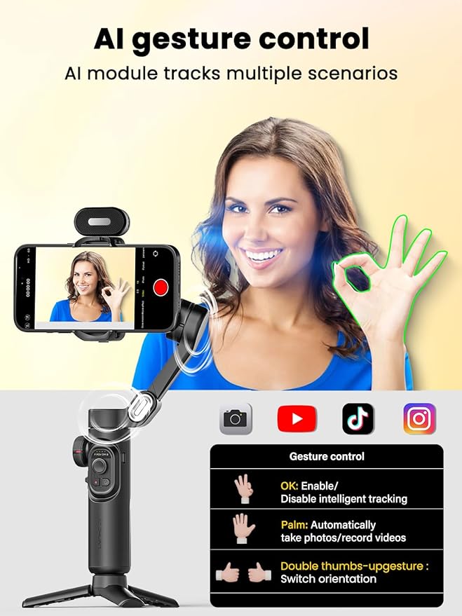 XE AI Version,Gimbal Stabilizer for Smartphone,NO APP AI Tracking, Gesture Control,360°Inception Gimbal, Portable Hard Case for Camera, EVA Protective Storage Bag w/Hand Strap, Smart XE AI &B30
