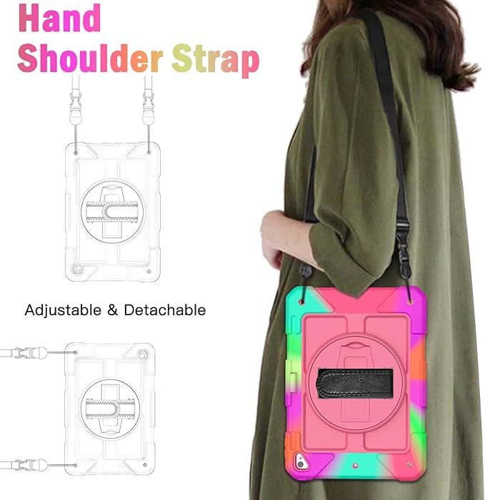 BMOUO Case for iPad 6th/5th Generation Case (9.7 inch, 2018/2017), 360°Rotating Stand, Hand/Shoulder Strap Shockproof iPad 9.7” Case for iPad Air 2, Rose