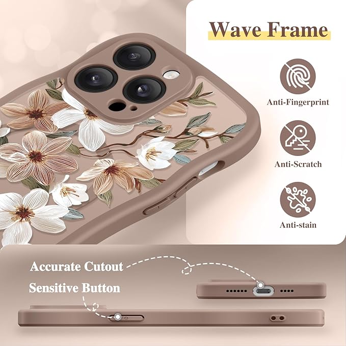 GVIEWIN for iPhone 14 Pro Max Case Compatible with MagSafe [Curly Wave Edge][Full Camera Protection] Floral Translucent Shockproof Magnetic Women Phone Case for 14 Pro Max, Dogwood/Brown