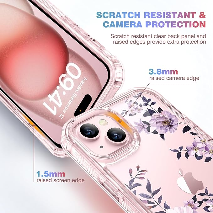 Diaclara Designed for iPhone 15 Case, Full Body Rugged Case with Built-in Touch Sensitive Anti-Scratch Screen Protector, with Camera Lens Protector for iPhone 15 6.1" (Camellia)