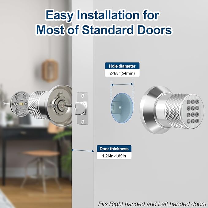 FITNATE Keypad Door Knob, Keyless Smart Lock with Back-Lit Keypad, Electronic Door Lock with Spare Keys, Easy to Install, for Home, Bedroom, Hotel and Office, Silver