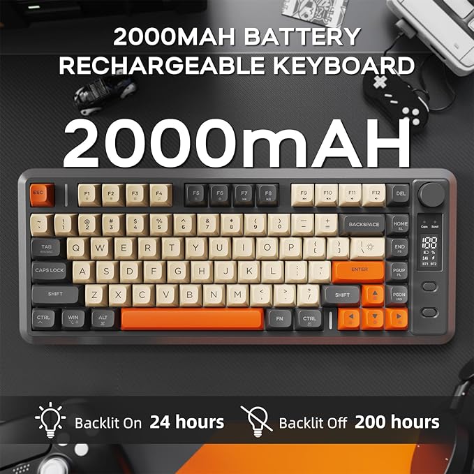 FREEWOLF M75 Wireless Gaming Keyboard Mechanical Feel Membrane with Knob & OLED Display Bluetooth/2.4Ghz Rainbow Backlit Gradient PBT Keycaps 2000mAH Battery Anti-Ghosting-Dark Grey