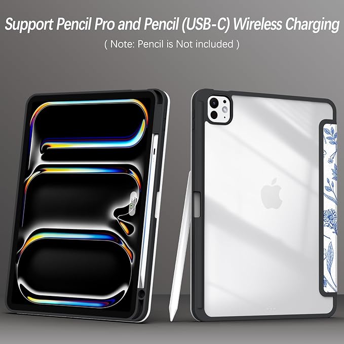 Case for iPad Pro 11-Inch M5/M4 2025/2024 (6th/5th Generation), Case with Pencil Holder, Clear Back Cover Cute Cool Design for Women Girls, Auto Sleep/Wake, Blue Flower