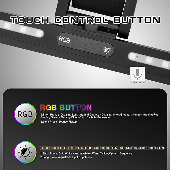 Monitor Light Bar with RGB Backlight,3 Color Temperatures & Stepless Dimming,Music Sync LED Screenbar with Touch Control Button for Over Computer ScreenOffice