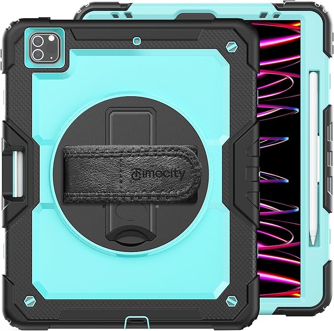 Timecity for iPad Pro 12.9 Case 6th/5th/4th/3rd Gen, 360° Rotating Stand, Pencil Holder & Wireless Charging, Shockproof with Screen Protector & Shoulder Strap -for Designers & Professionals-Light Blue