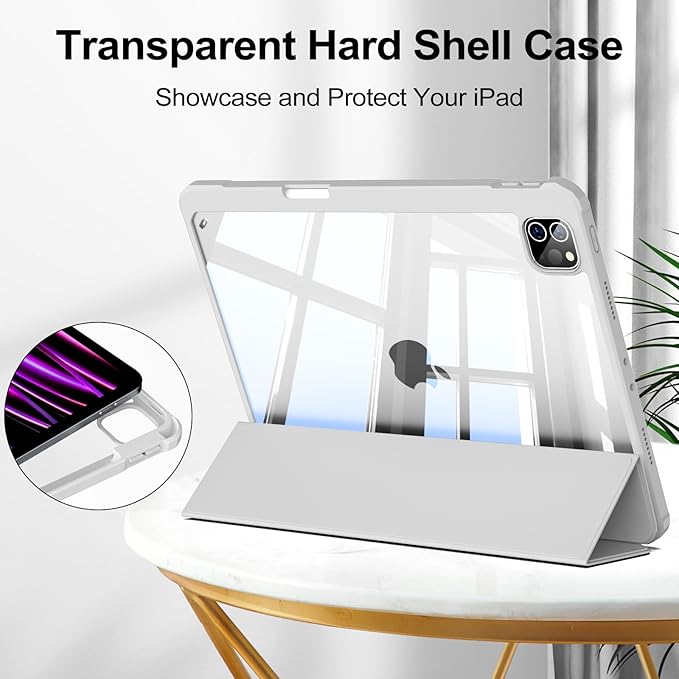 JKSML Case for iPad Pro 11, Case with Pencil Holder for iPad Pro 11 Inch 4th/3rd/2nd Generation 2022/2021/2020, Transparent Protective Cover for iPad Pro 11, Supports Pencil 2 Charging, Gray