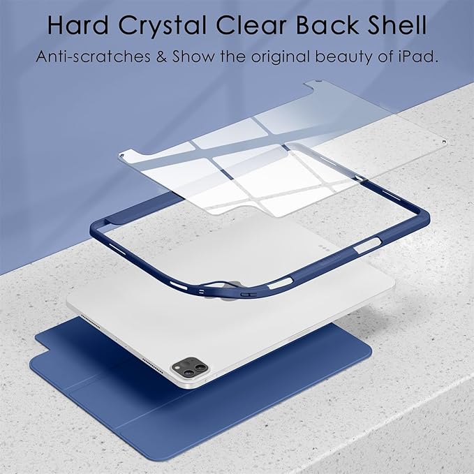 Soke Case for iPad Pro 12.9 Inch (6th/5th/4th/3rd Generation, 2022/2021/2020/2018) - Pencil Holder + Auto Sleep/Wake + Camera Protection, Transparent Shockproof Back Cover, Navy