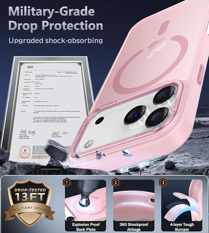 Newfuture Magnetic for iPhone 17 Pro Case [Compatible with Magsafe] [Military Grade Drop Protection] Translucent Matte Anti-Scratch Shockproof Protective Phone Cover 6.3 Inch, Tender Pink