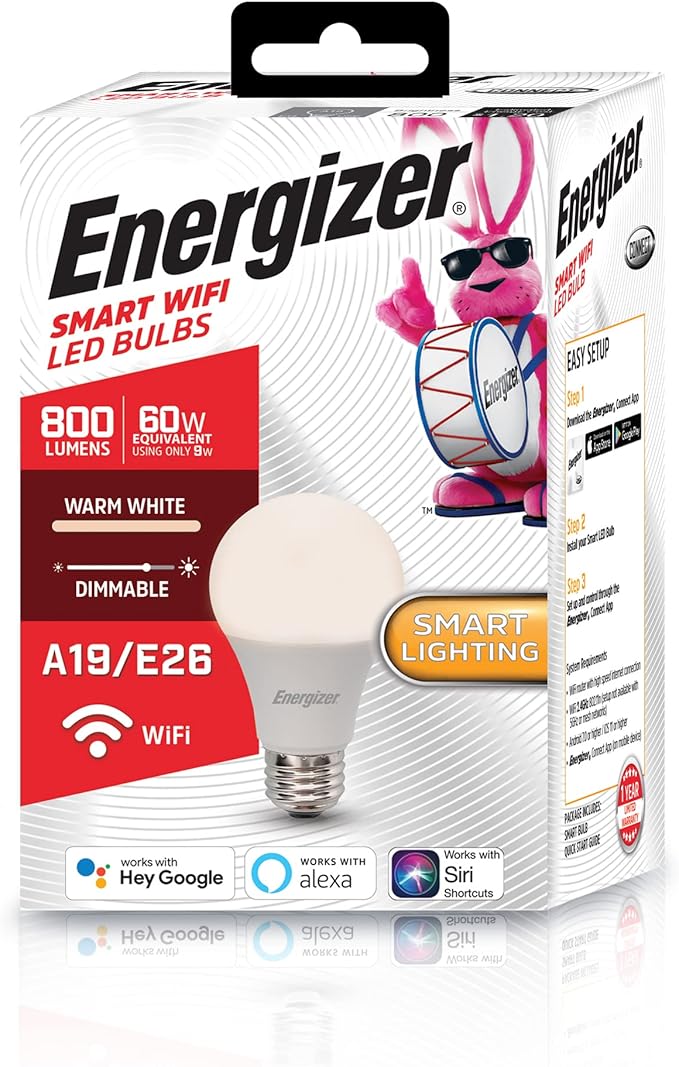 XTREME Energizer Smart Wi-Fi LED Light Bulb, Warm White, 60W, 800 Lumens, Compatible with Alexa, Google Assistant and Siri, Control from Anywhere with App, Custom Schedules, 2-Pack