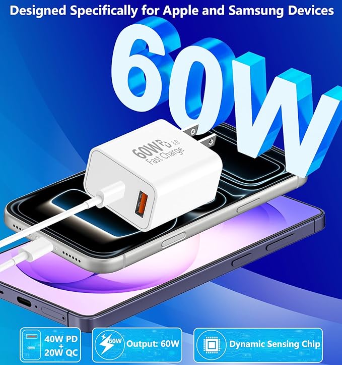 [Apple MFi Certified] iPhone 17 16 Charger Fast Charging, Stuffcool 4Pack 60W Dynamic Power Adapter Dual Port USB C Charger PD&QC Type C Wall Charger + 6FT Type C Cable for iPhone 17/17 Pro/16/15/iPad