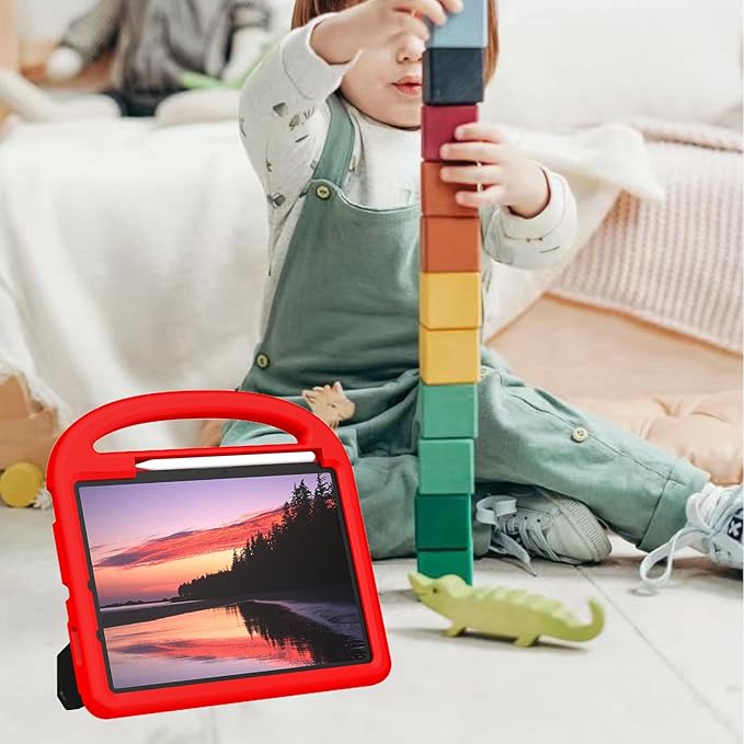 Kids Case for iPad Pro 11" M5 2025/M4 2024 & iPad Air 11" M3 2025/M2 2024, Techcircle Child Shock Proof EVA Protective [Support Pencil Charging] Handle Stand Cover, Red