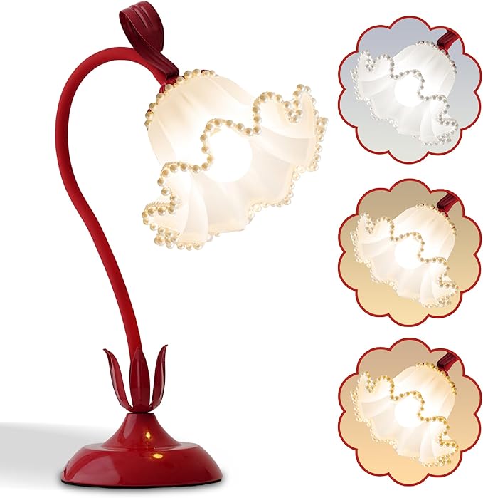 AQDZCNF Flower Table Lamp,LED Reading Light Bedside Vintage Flower Night Light,3 Colors Modes Kawaii Bedside Lamps Decor,Living Room Bedroom Room Lighting Table Lamps Home Decoration (Red Pearls)