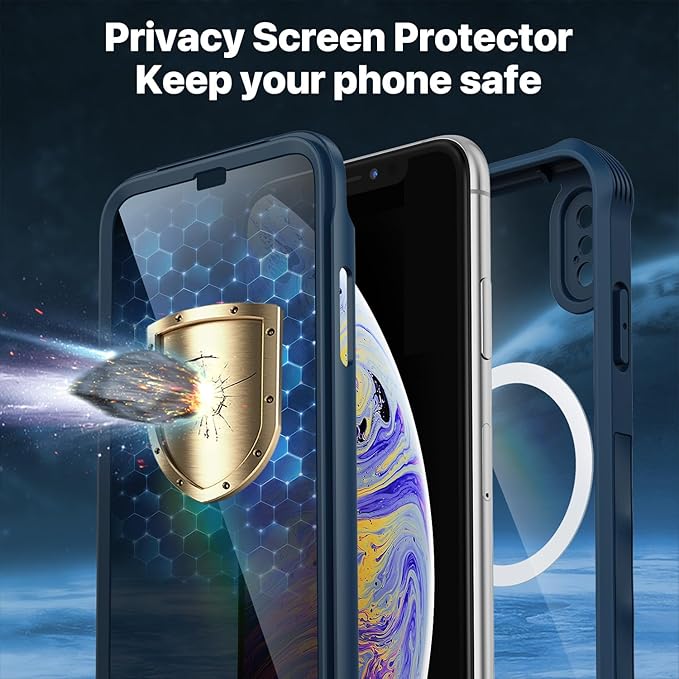 CENHUFO Magnetic Privacy for iPhone X Case/iPhone Xs Case, Full Body Phone Case Built-in 9H Tempered Glass Privacy Screen Protector [Compatible with Magsafe] Shockproof Bumper Clear Cover - Blue