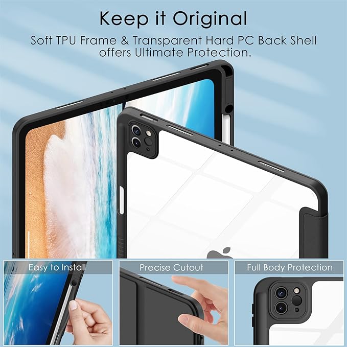 Soke Case for iPad Pro 12.9 Inch (6th/5th/4th/3rd Generation, 2022/2021/2020/2018) - Pencil Holder + Auto Sleep/Wake + Camera Protection, Transparent Shockproof Back Cover,Black