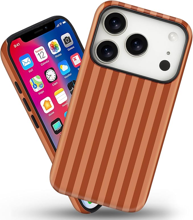 Magnetic for iPhone 17 Pro Max Case Cute Stripes Phone Case, Shockproof Slim TPU and Hard PC Protective Phone Cover Compatible with MagSafe Designed for Women Girls, Deep Brown