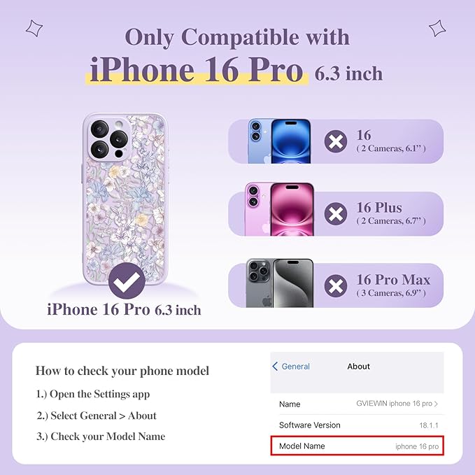 GVIEWIN for iPhone 16 Pro Case Compatible with MagSafe, [Military Grade Protection] [Screen Protector] Full Camera Protection Floral Translucent Women Magnetic Phone Case, Apricot Blossom/Purple