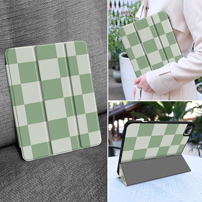 MEEgoodo for iPad Pro 12.9 Case M2 6th/5th/4th/3rd Generation 2022 2021 2020 2018 with Pencil Holder, Tablet Cover with Soft TPU Back Shell, Green Checkered