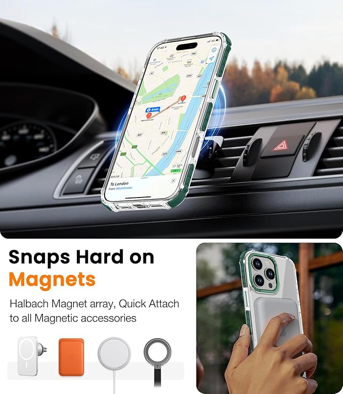 DEERLAMN Strong Magnetic Case for iPhone 16 Pro Max 6.9-Inch,[Compatible with Magsafe][Military Grade Drop Protection] Clear Slim Shockproof Protective Phone Cover-Transparent+Green