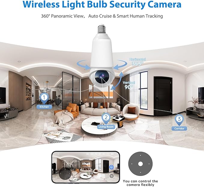 Light Bulb Security Camera, 2.4G&5G WiFi Lightbulb Cameras Wireless Outdoor, Smart AI Motion Detection, Color Night Vision, US Cloud Storage, 911 Emergency Calling, Outdoor Indoor Home Surveillance
