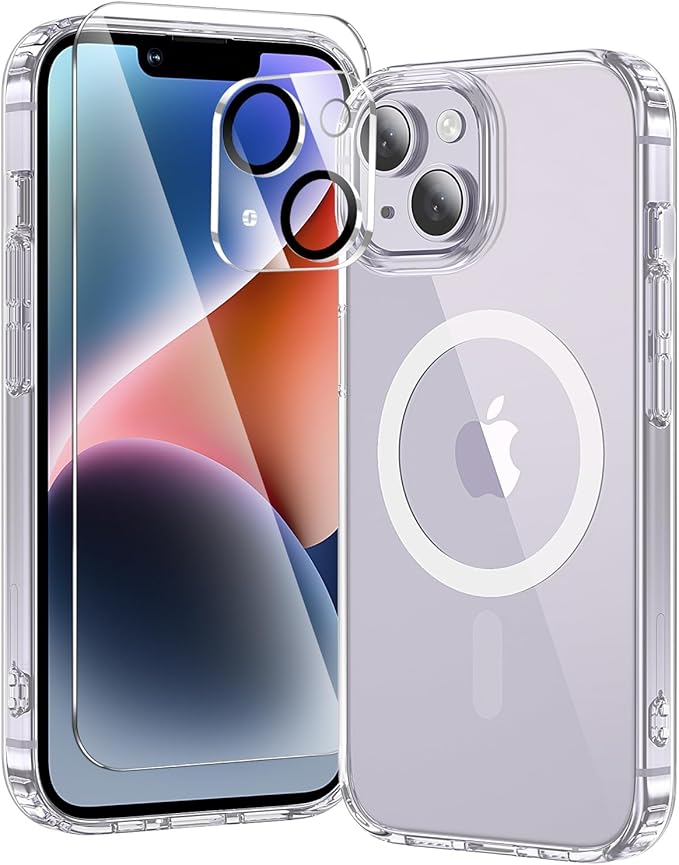 toushion 3 in 1 for iPhone 14 Case Clear with MagSafe, Not Yellowing, Screen Protector*1 Camera Lens Protector*1, Military-Grade Protection for iPhone 14 Phone Case 6.1 inch Clear