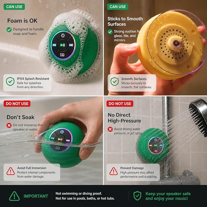 Bluetooth Shower Speaker with LED – Portable Wireless Mini Speaker with Mic & Suction Cup, IPX4 Water Resistant for Shower, Travel, Pool, River Floating, and Outdoor Fun (Green)