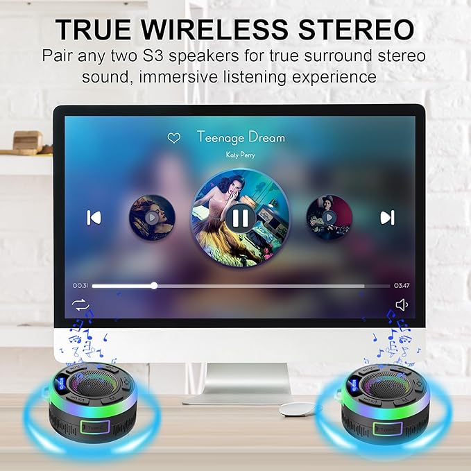 Shower Bluetooth Speaker IPX7 Waterproof, Portable Bluetooth Speakers with Suction Cup and Time Display, Crystal Sound&Bass LED Light 1100mAh, Wireless Shower Speaker for Outdoor/Kayak/ Gifts/Beach