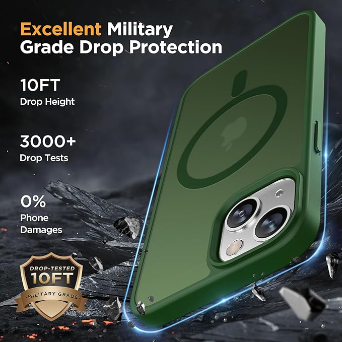 Miracase Magnetic for iPhone 14 Plus Case 6.7 inch (Compatible with MagSafe)（with 2X Screen Protectors） Military-Grade Protection, Anti-Fingerprint Translucent Matte Phone Case Cover, Dark Green